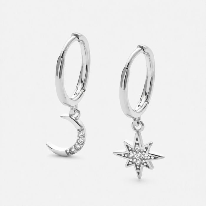 Sterling Silver Star and Moon Hoop Earrings