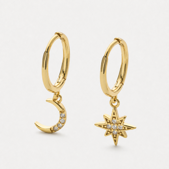 Women's Star and Moon Hoop Earrings with Cubic Zirconia