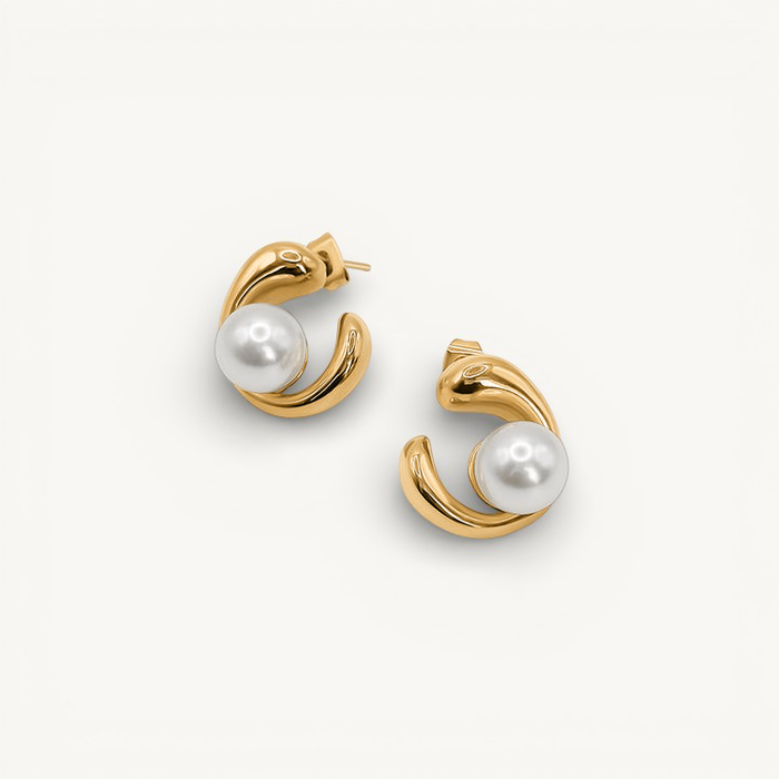 Women's Pearl Hoop Earrings with Curved Design