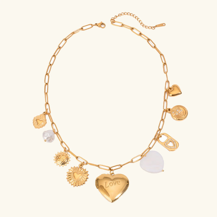 Gold Heart Locket Charm Necklace with Pearl Accents