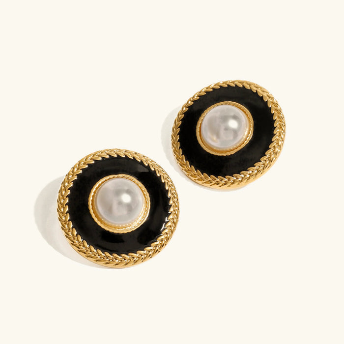 Pearl Stud Earrings with Enamel and Rope Trim