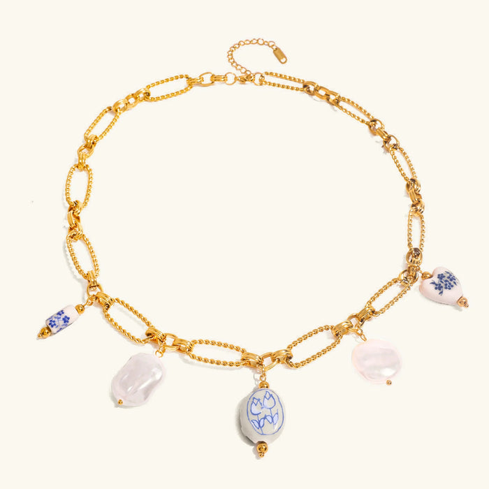 Gold Chain Necklace with Freshwater Pearls and Blue Charms