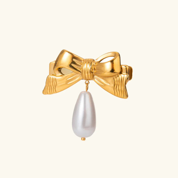 Gold Bow Hair Clip with Pearl Drop Charm