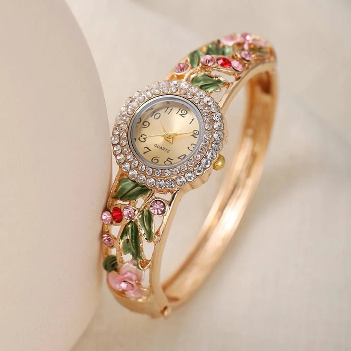 Women's Bangle Quartz Watch with Enamel Floral Design